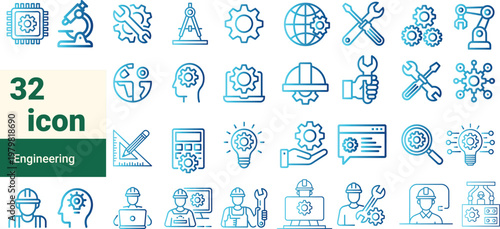Engineering icons set, 32 blue line icons, industrial symbols, technical illustrations, engineering graphics
