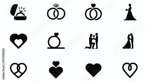 Clean vector icons illustrating engagement rings wedding bands and romantic silhouettes of couples in love