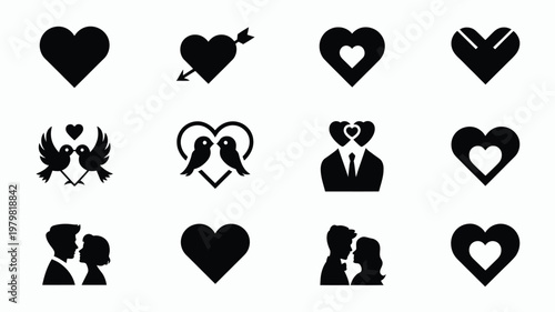 Black and white heart symbols and couple silhouettes in minimalist design logo pack for love and relationship themes
