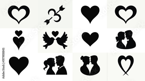 Black silhouettes of hearts couples and love symbols in a minimalist and romantic design grid layout on a clean white background