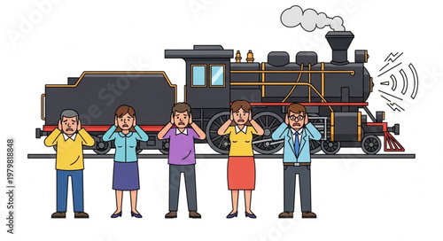 People covering ears from loud train noise.