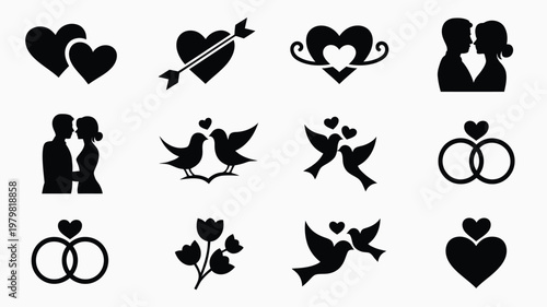 Black silhouette icons showcasing hearts couples birds and rings symbolizing love and romance for elegant design