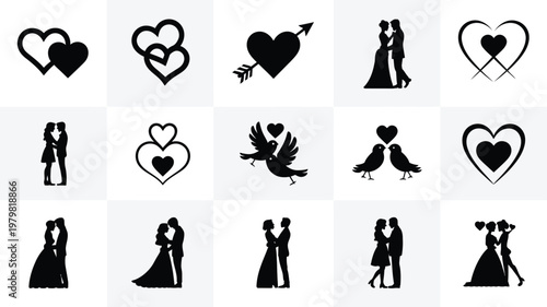 Black and white vector icons of hearts couples and birds in romantic poses ideal for love wedding and valentine's day themes