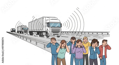 People covering ears from loud truck noise pollution on highway.