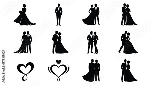 Black and white silhouettes of grooms and brides in elegant wedding attire with heart symbols for love and romance vector logo designs