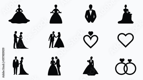 Black silhouettes of wedding couples brides grooms and hearts in elegant designs minimalist vector illustrations for marriage love and romance themes