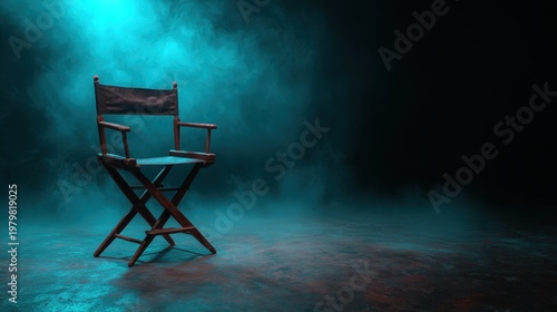 A wooden director's chair sits alone amidst a moody fog, highlighting solitude and creativity in a dramatic setting that invokes contemplation and inspiration.
