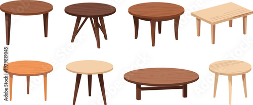 Wooden Table Collection with Round and Square Coffee Tables Set for Home Furniture Interior Design Vector Illustration