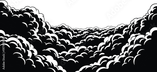 Abstract dark storm clouds in comic book style, upward perspective, moody sky background illustration.