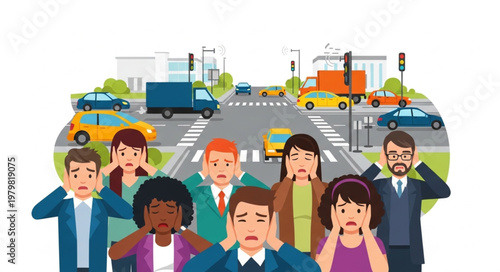 People covering ears from traffic noise pollution illustration.