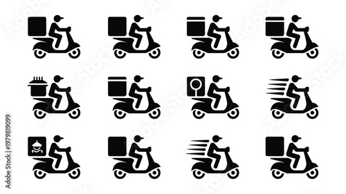 Delivery riders on scooters transporting packages food and goods in a clean vector icon set for logistics and transportation services