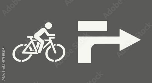 White bicycle icon next to a right turn arrow on a dark grey background, indicating a bike path or lane.