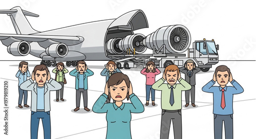 People covering ears near airplane engine transport.
