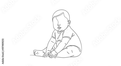 Sweet baby sitting and looking forward with curious eyes on an isolated white background, peaceful and innocent.