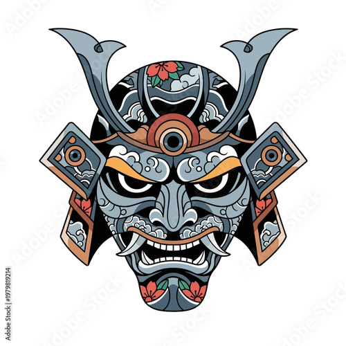 Traditional Japanese Samurai Mask - Oni Mask with Cherry Blossoms