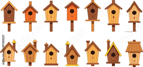 Wooden Birdhouse Collection with Various Garden Nesting Boxes and Feeders Set for Outdoor Wildlife Decor Vector Illustration