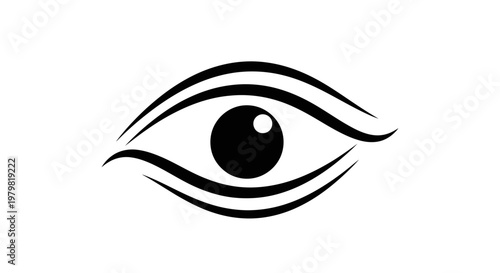 A minimalist black and white graphic illustration of a stylized human eye, featuring a central pupil and iris with elegant curved lines representing the eyelids.