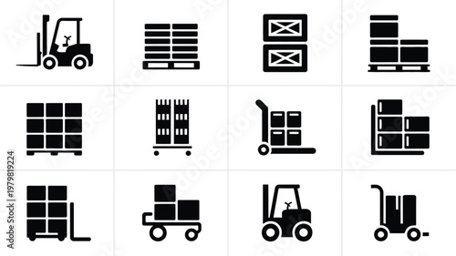 Vector icons of warehouse logistics featuring forklift pallets crates hand truck and stacked boxes for supply chain