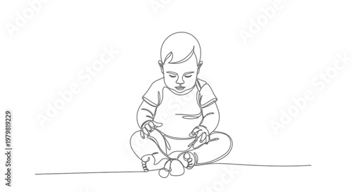 A continuous line drawing of a baby sitting cross-legged and looking down, rendered in a minimalist artistic style.