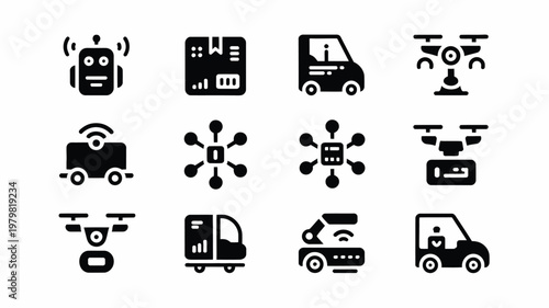 Modern black and white vector icons featuring robots drones delivery trucks and technology symbols for professional use