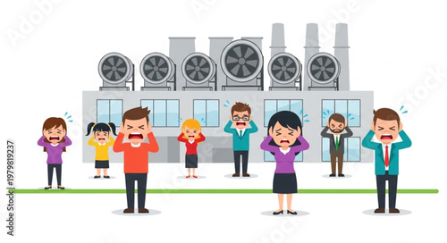 People covering ears near industrial fans at factory.