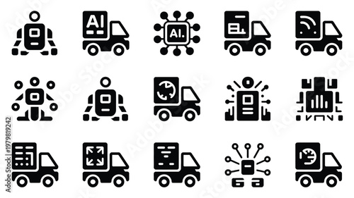 Vector icons of robots and delivery trucks with ai and e commerce symbols in a sleek minimalist style