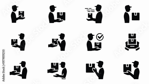 Minimalist black silhouettes of people performing various tasks with boxes and packages in a clean modern design style