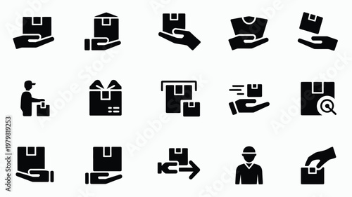 Black silhouette icons of delivery and handover concepts for parcels shipping and logistics featuring workers handling boxes