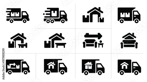 Black and white vector icons of delivery trucks vans houses and furniture for logistics and moving services