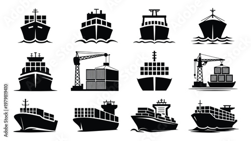 Silhouettes of cargo ships and containers in minimalist style for maritime logistics and transport industry design