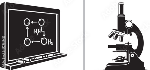 Black and white illustration of a chalkboard with chemical formulas and a microscope