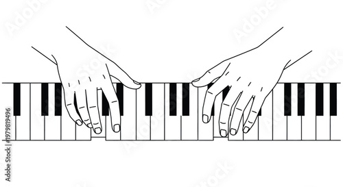 Hands playing piano keyboard instrument.