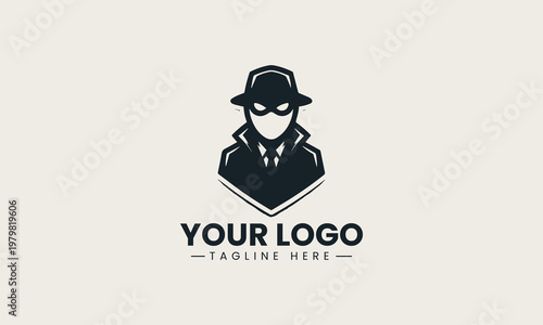 Black masked character with hat is presented as bold monochrome vector logo on clean white background for security and anonymous mascot branding use