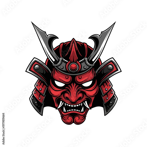 Fierce Red Oni Samurai Mask with Horns - Japanese Warrior Face Illustration
