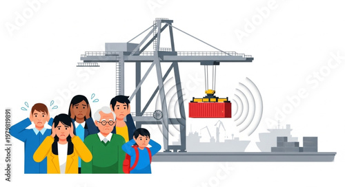 People covering ears near noisy industrial port crane and cargo ship.