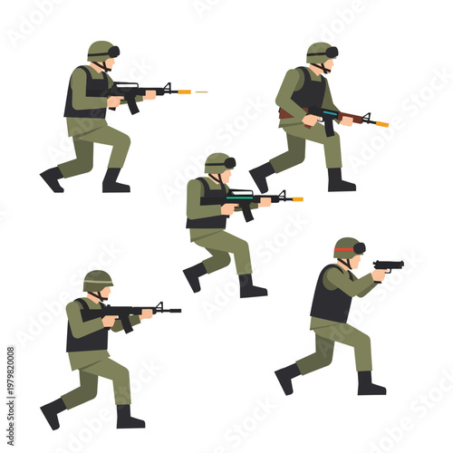 Soldiers in Tactical Gear with Rifles and Pistol, Military Action Poses