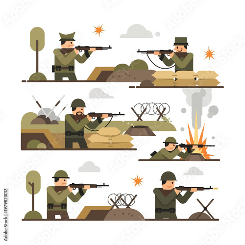 Soldiers in Combat: Flat Design Illustration of Wartime Action and Military Conflict