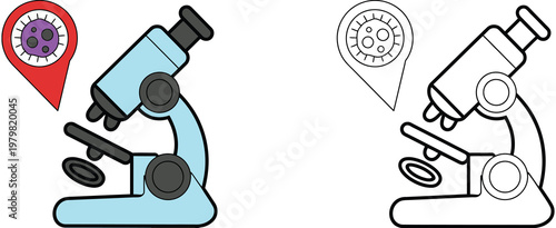 Microscope and microbe observation icon, scientific laboratory research vector, microbiology and analysis symbol, simple modern isolated illustration for education and medical design.