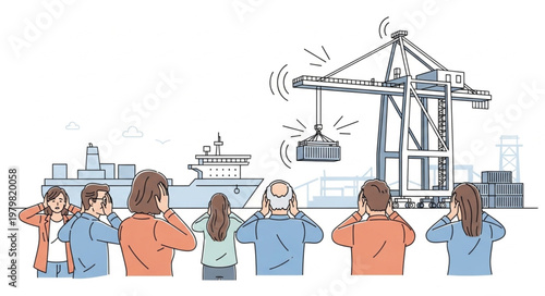 People covering ears near noisy port crane and ships.