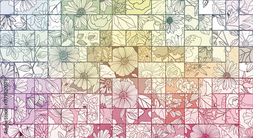 Floral pattern composed of rectangular tiles displays a gradient of hand-drawn botanical sketches across the surface.