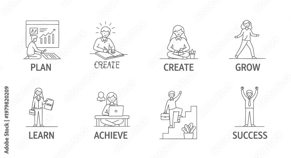 Fototapeta premium Business success icons, entrepreneurship symbols, growth and achievement concepts, vector illustrations