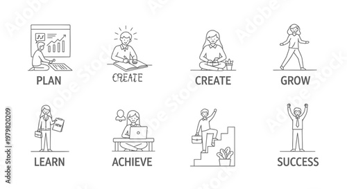 Business success icons, entrepreneurship symbols, growth and achievement concepts, vector illustrations