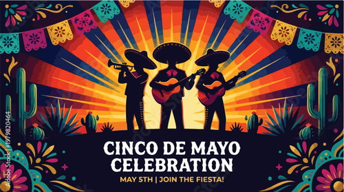 Vibrant Cinco de Mayo Celebration Illustration Featuring Mariachi Musicians and Festive Mexican Decorations with Cacti and Sunburst Background