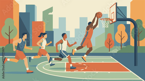 Minimalist illustration of people playing basketball and running outdoors