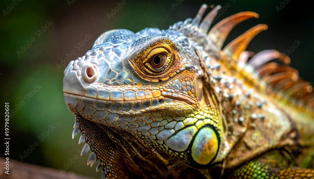 Fototapeta premium Close-up of a vibrant iguana, showcasing detailed scales and textures.