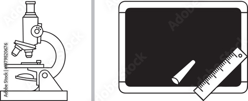Line art illustration of a microscope and a blackboard with chalk and ruler