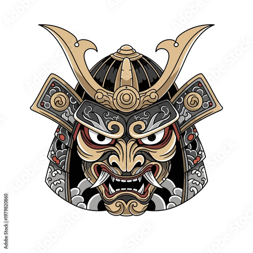 Intricate Samurai Mask Illustration - Japanese Warrior Helmet with Fierce Oni Face