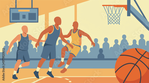 Basketball game action on an indoor court with players and spectators