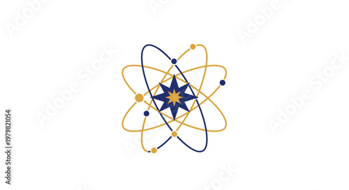 Atom model with blue and yellow electrons.