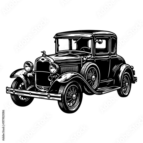 Vintage black and white woodcut-style vector illustration of a classic 1920s car with a sleek design and bold lines, perfect for graphic design projects and nostalgic themes.